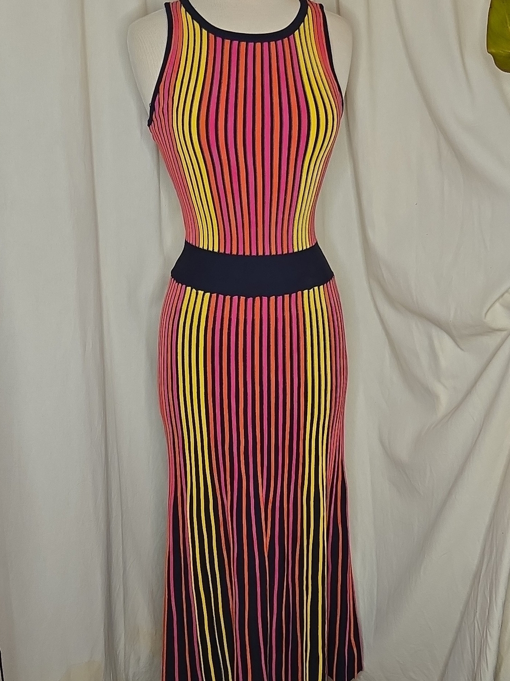 Sleeveless Striped Maxi Dress in Pink, Yellow and Black